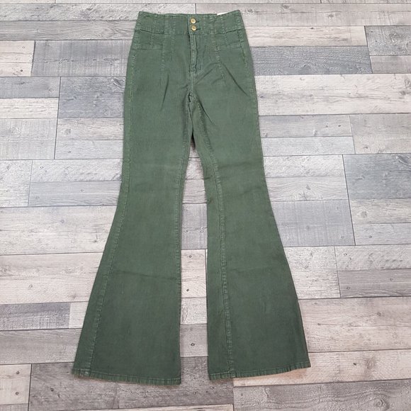 Free People Pants - Free People Jayde Corduroy Flare Jeans 27 UK 8 Green High Rise We The Free BN